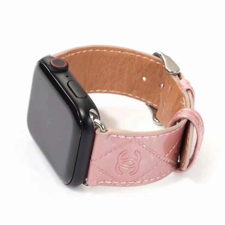 Chanel Glossy Leather Apple Watch Band – Luxury Metal Logo Strap