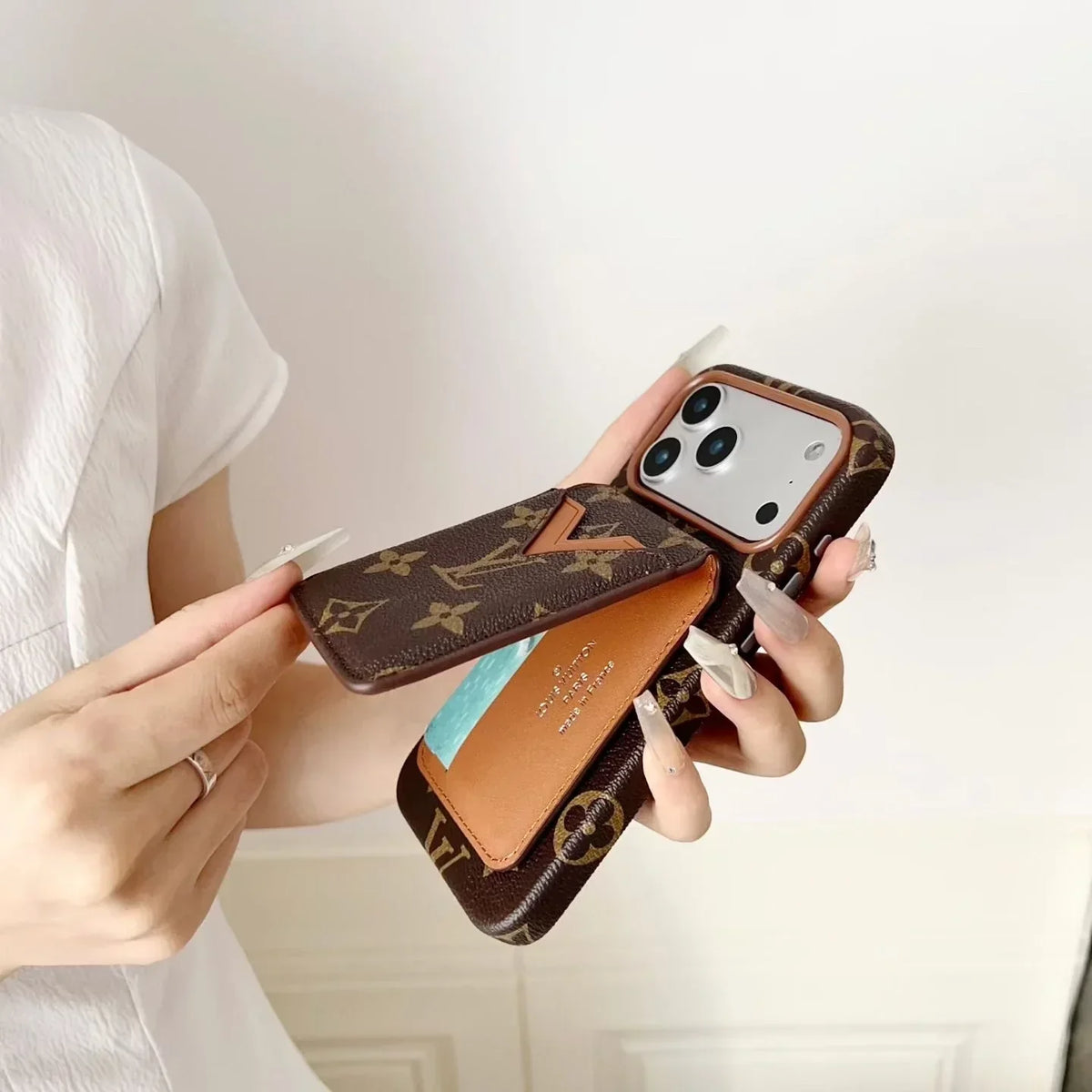 Louis Vuitton iPhone 18 Pro Max Case with Cardholder – Brown Monogram Red Trim Leather
