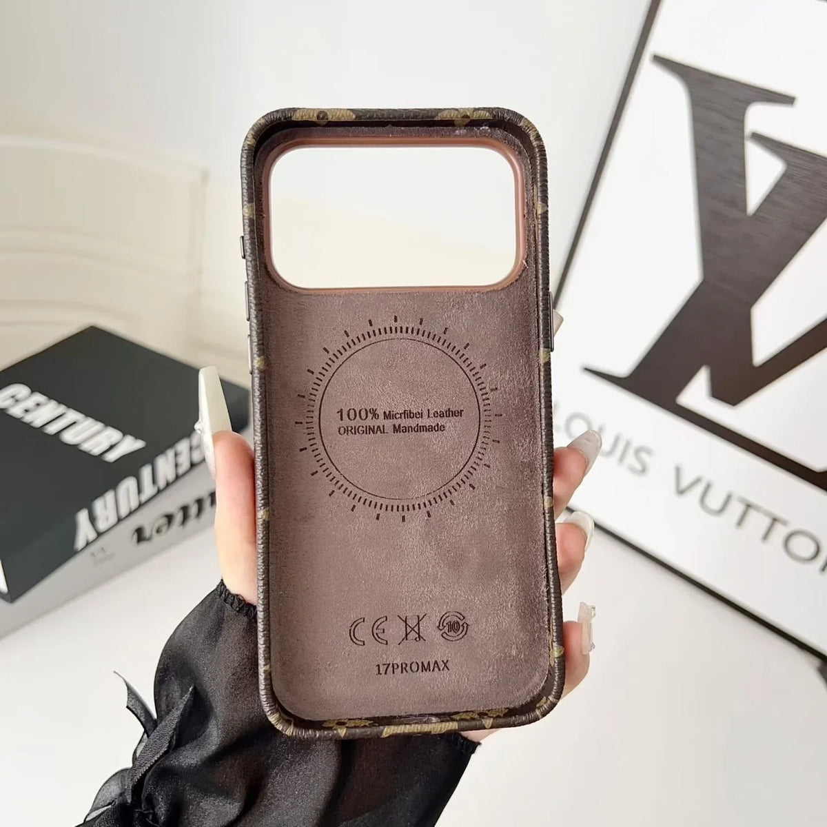 Louis Vuitton iPhone 18 Pro Max Case with Cardholder – Brown Monogram Red Trim Leather