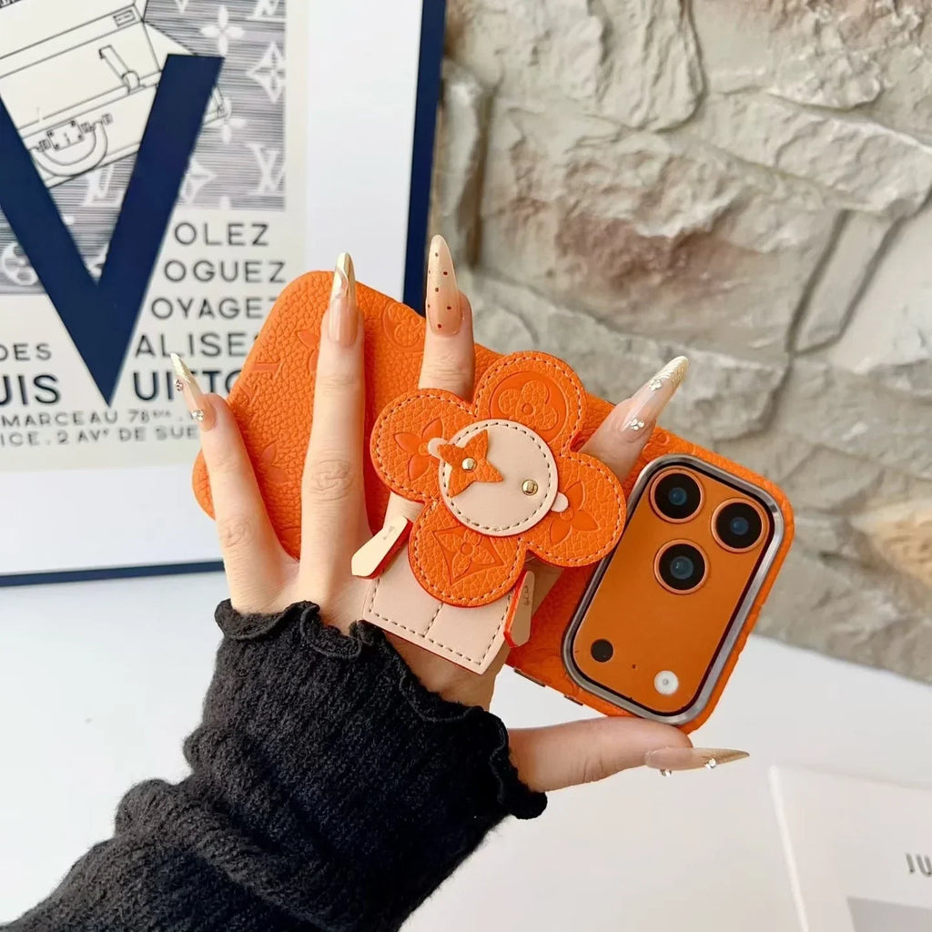 Louis Vuitton iPhone 18 Pro Max Case MagSafe Leather with Flower Grip – Orange