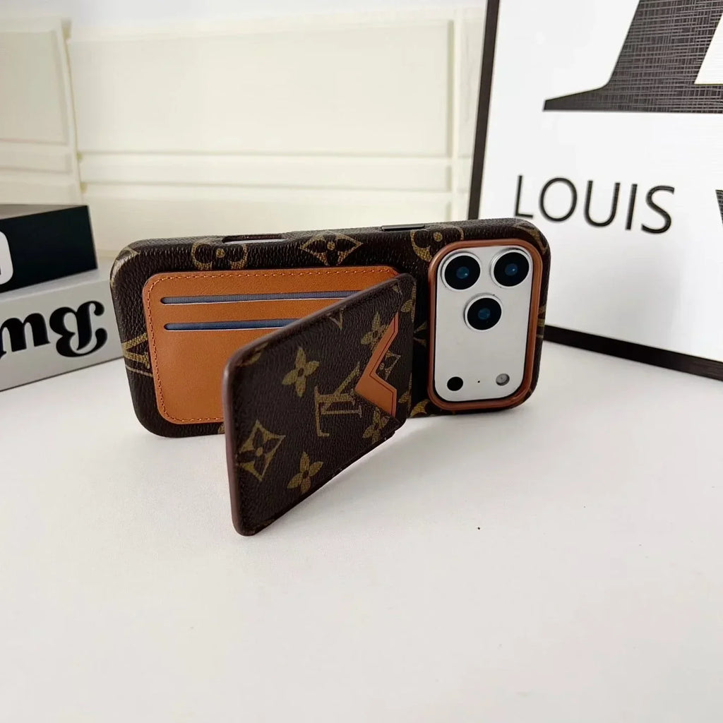 Louis Vuitton iPhone 18 Pro Max Case with Cardholder – Brown Monogram Red Trim Leather