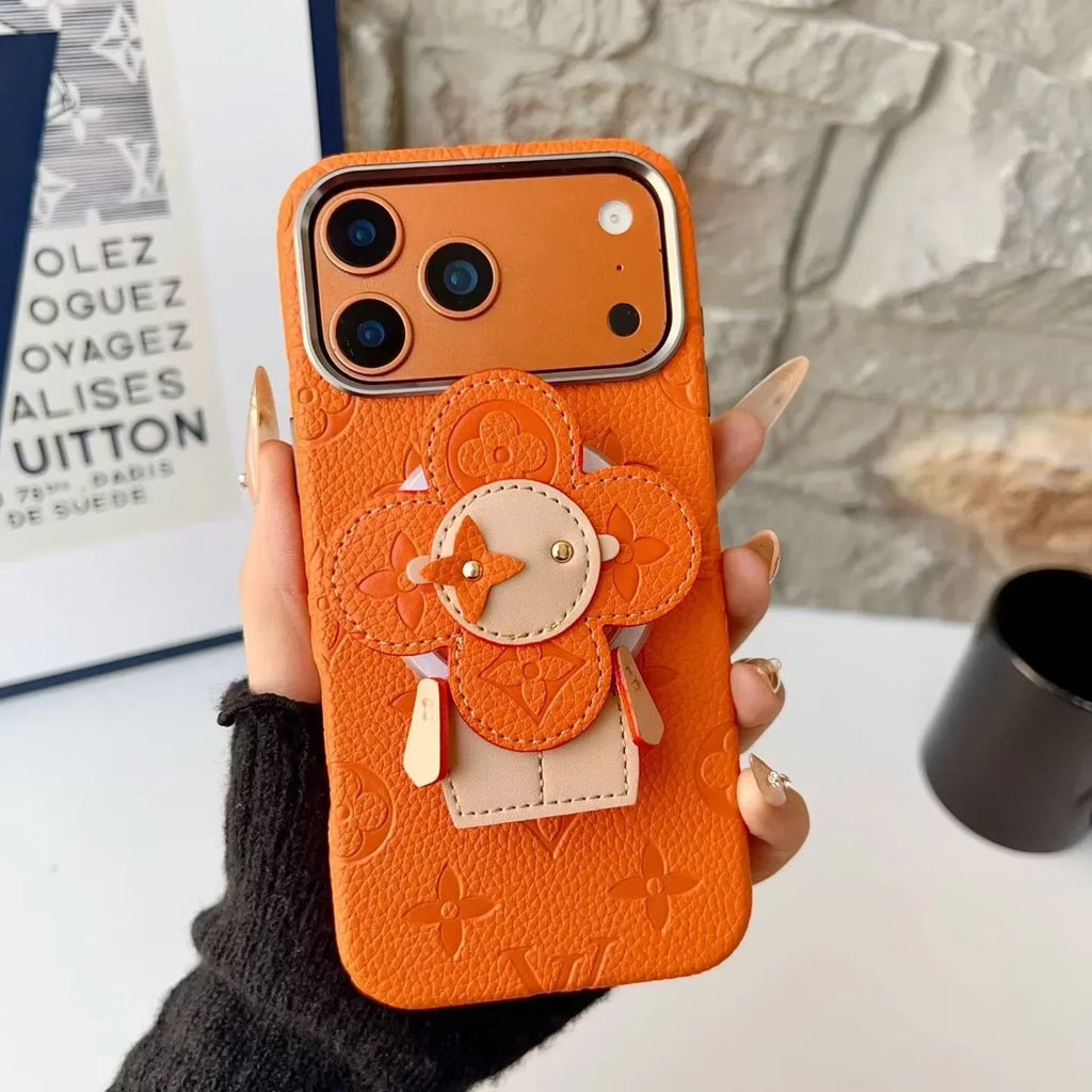 Louis Vuitton iPhone 18 Pro Case MagSafe Leather with Flower Grip – Orange