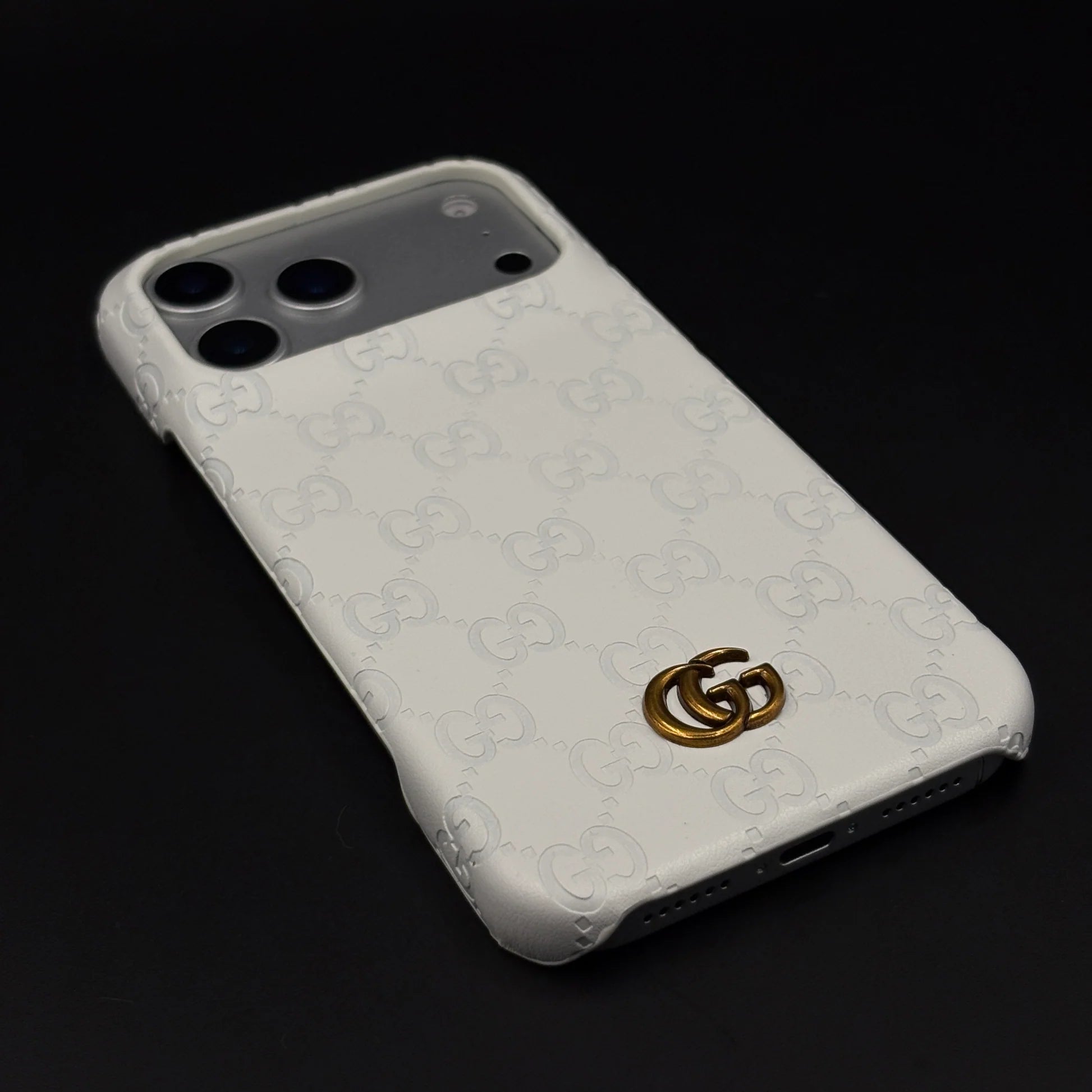 Luxury Gucci iPhone 17 Pro Max Case | GG Monogram Leather White Blue