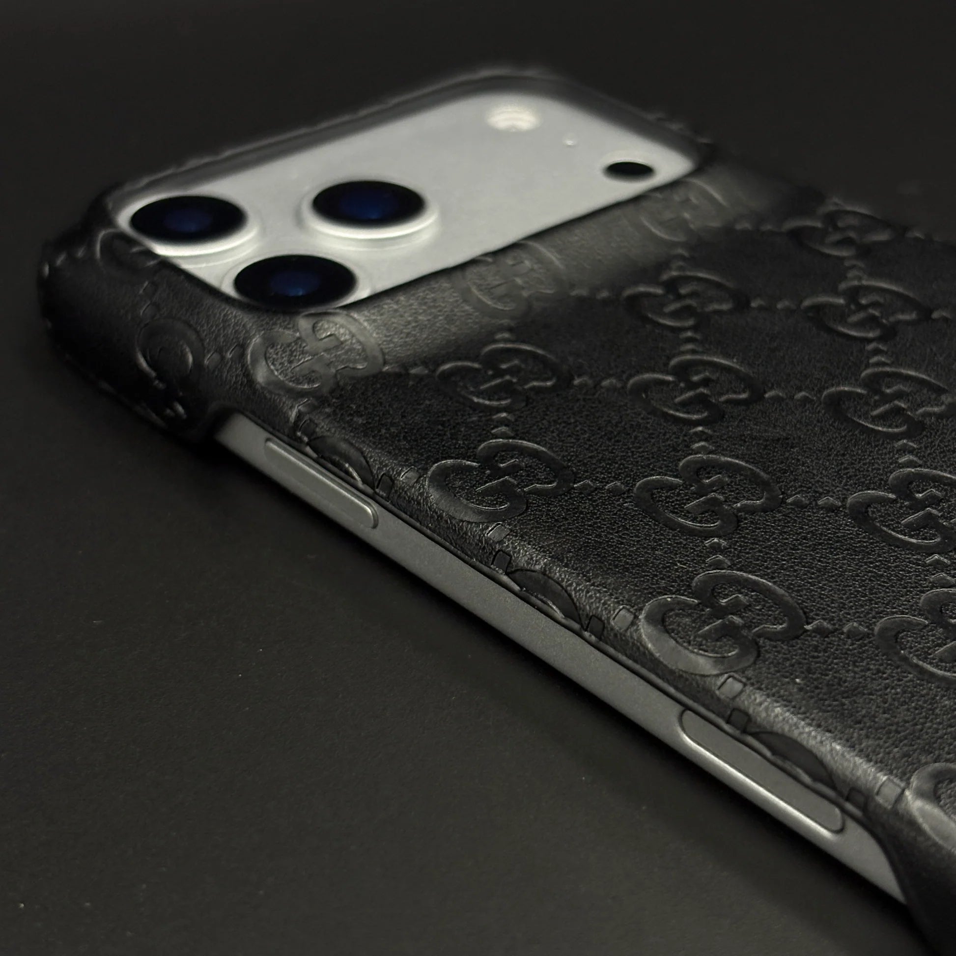 Luxury Gucci iPhone 17 Pro Max Case | GG Monogram Leather White Blue