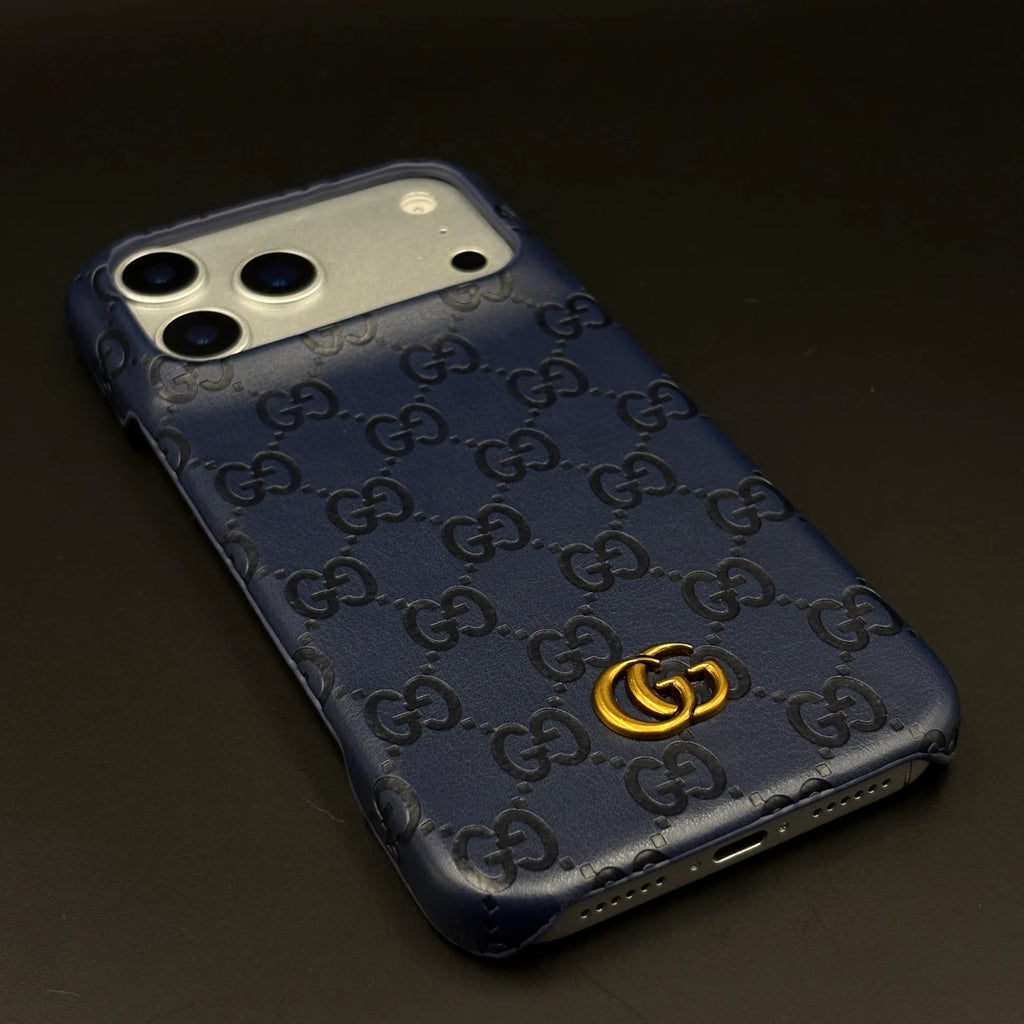 Luxury Gucci iPhone 17 Pro Max Case | GG Monogram Leather White Blue