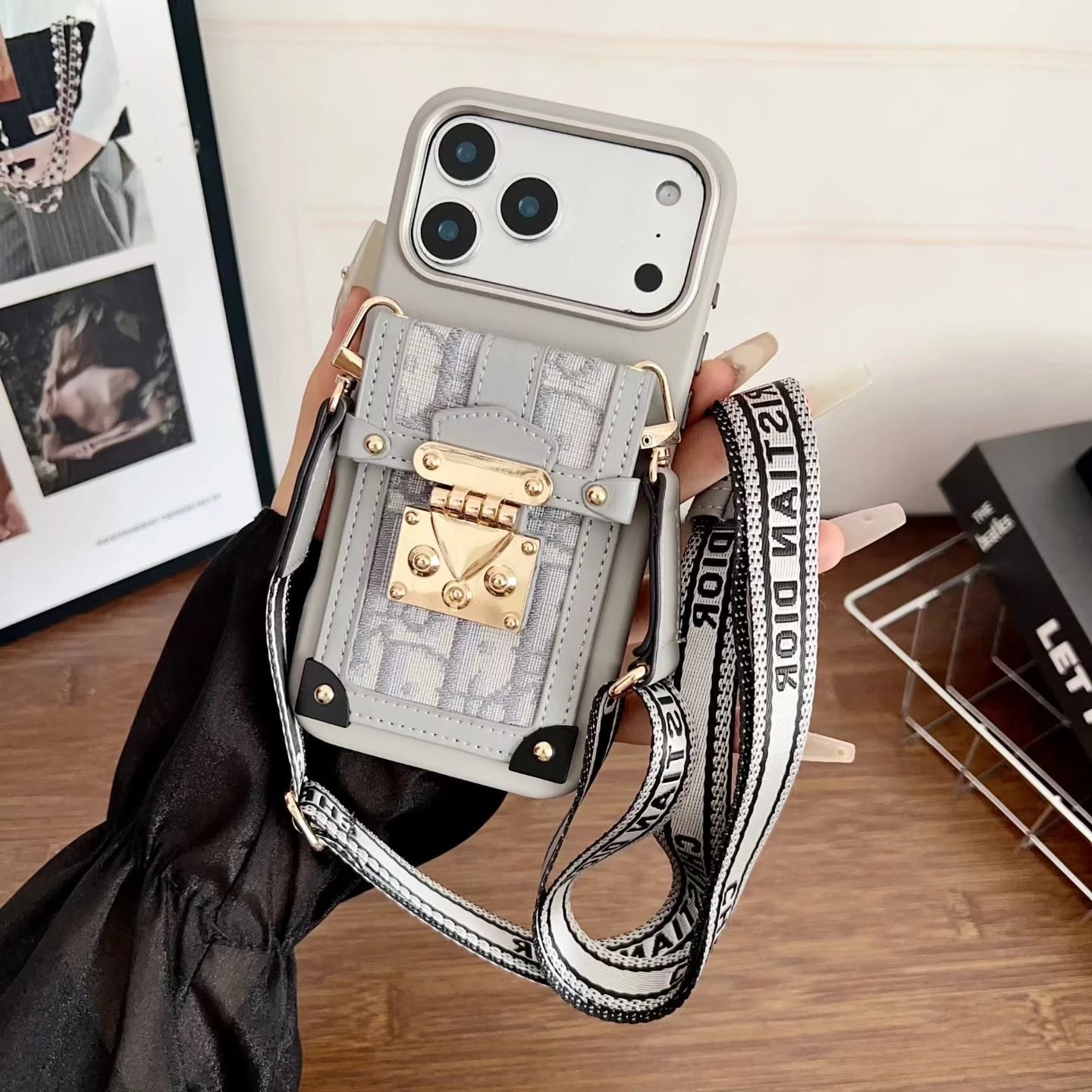 Dior iPhone 17 Pro Max Case with Wallet & 3 Straps - Black Luxury Crossbody Dior Phone Case