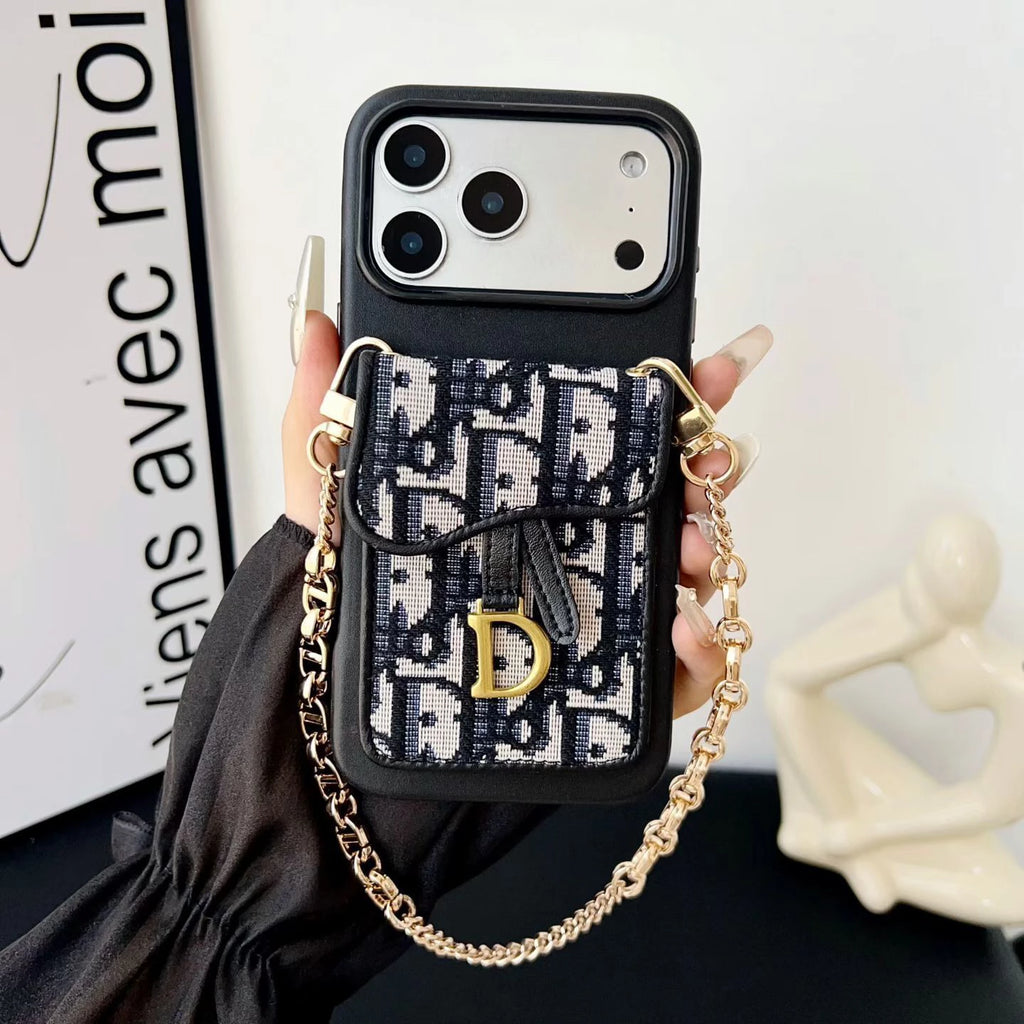 Dior iPhone 17 Pro Max Case with Wallet & 3 Straps - Black Luxury Crossbody Dior Phone Case