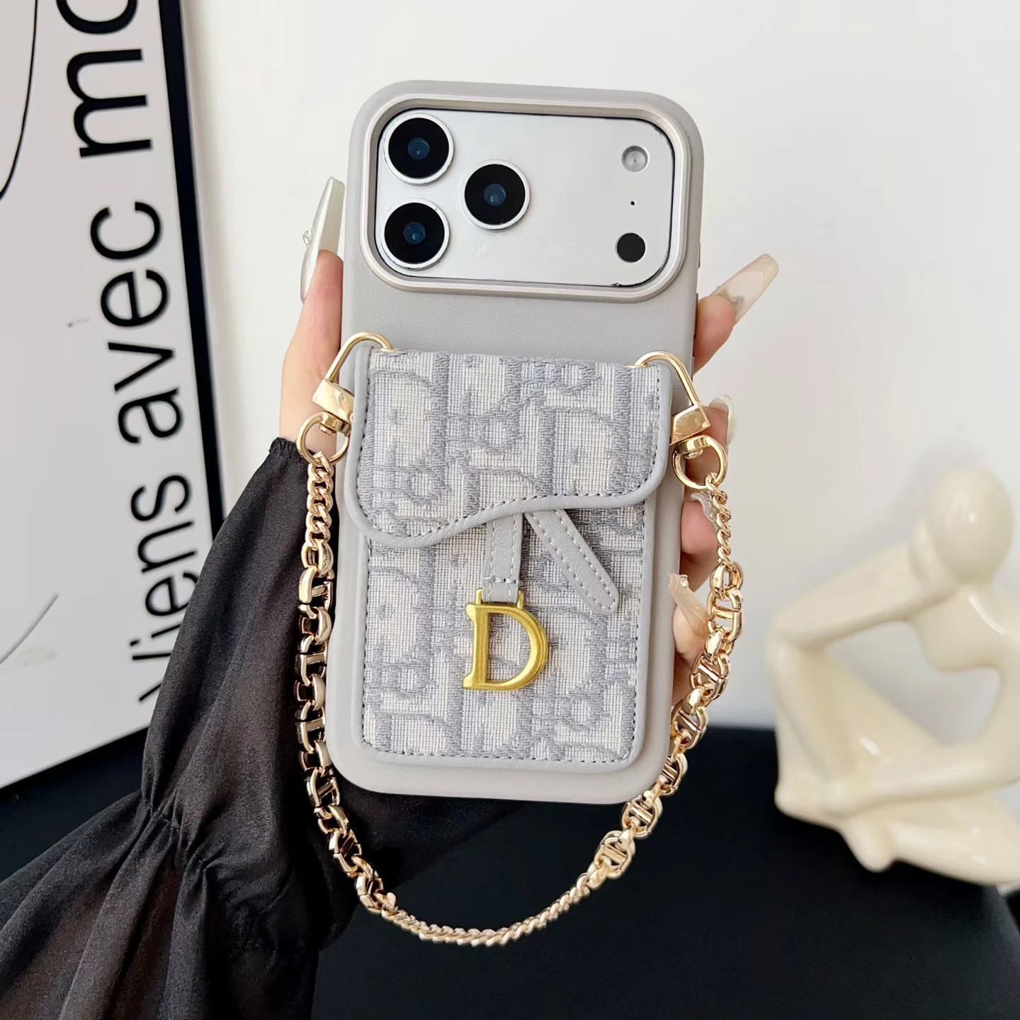 Dior iPhone 17 Pro Max Case with Wallet & 3 Straps - Black Luxury Crossbody Dior Phone Case