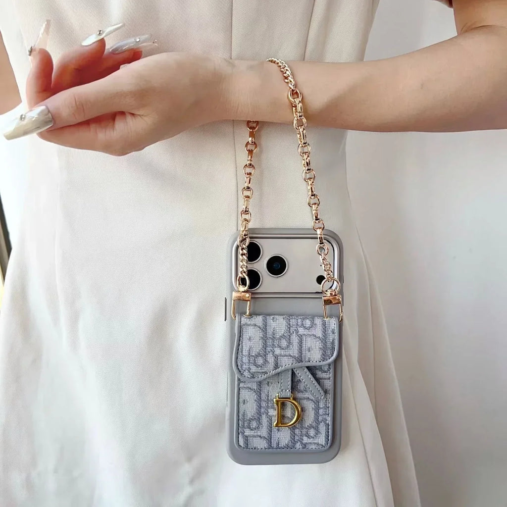Dior iPhone 18 Pro Max Case with Wallet & 3 Straps – Gray Luxury Crossbody Dior Phone Case