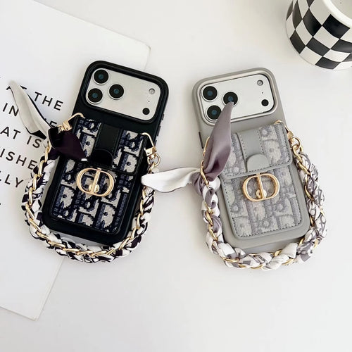 Dior iPhone 17 Pro Max Case with Wallet & 3 Straps – Black Luxury Crossbody Dior Phone Case - MAJESTY