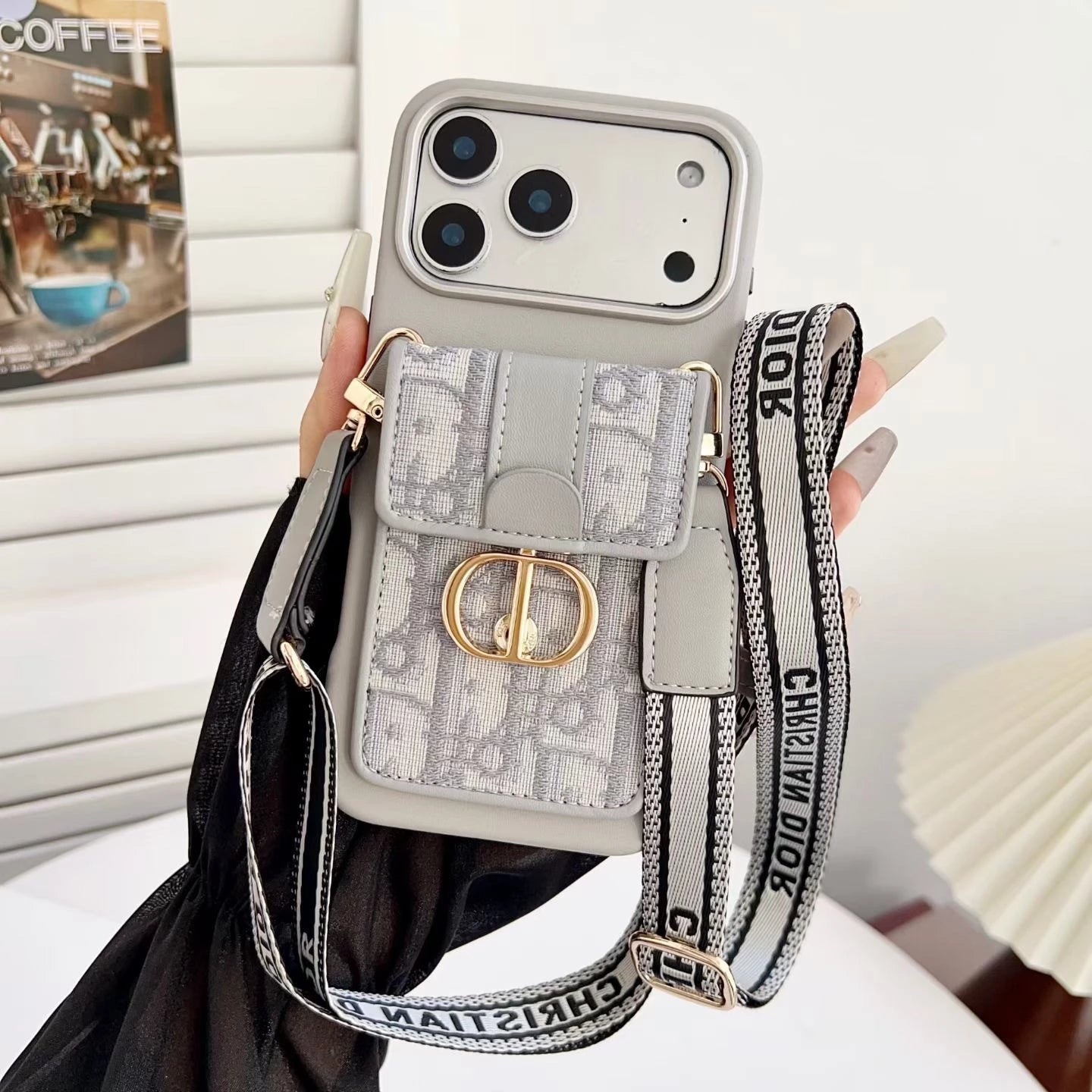 Dior iPhone 17 Pro Max Case with Wallet & 3 Straps - Black Luxury Crossbody Dior Phone Case