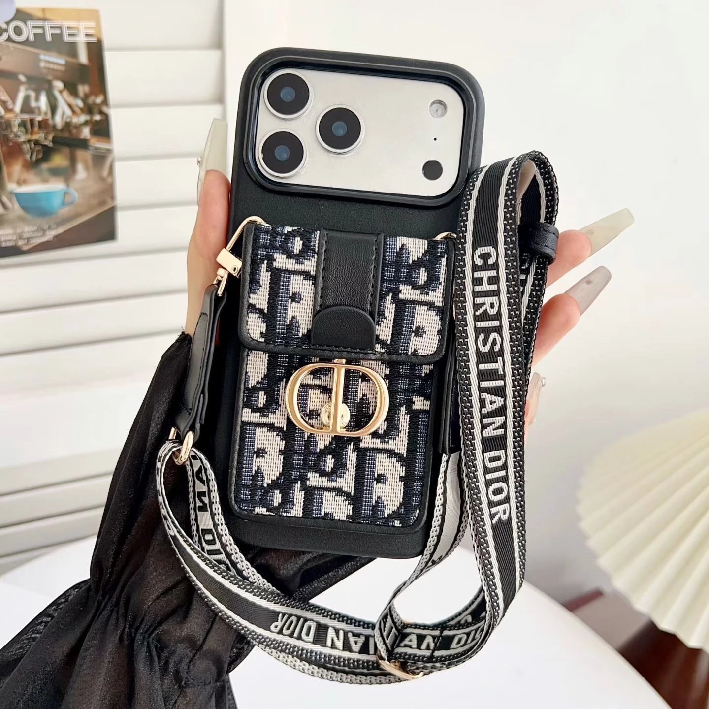 Dior iPhone 17 Pro Max Case with Wallet & 3 Straps - Black Luxury Crossbody Dior Phone Case