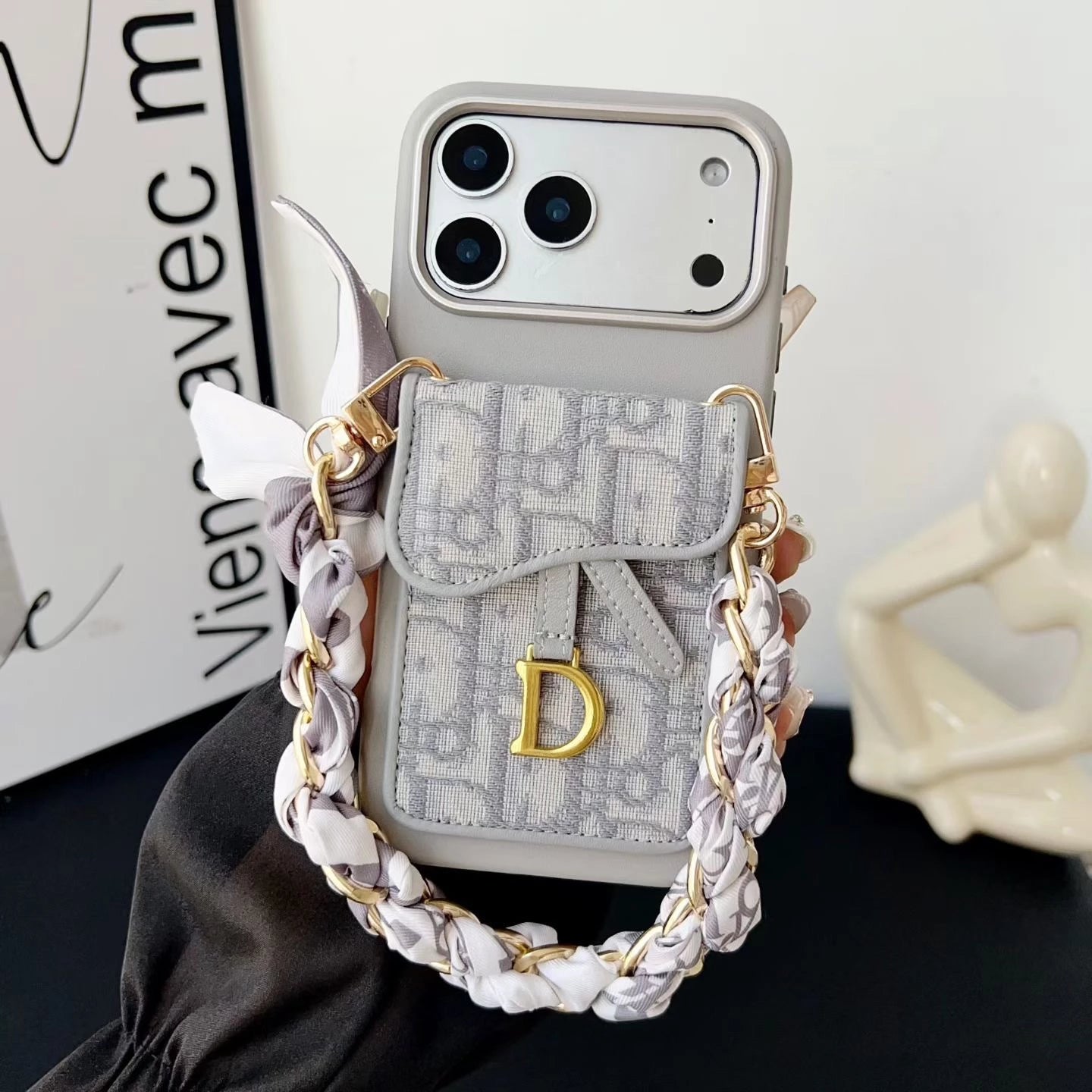 Dior iPhone 17 Pro Max Case with Wallet & 3 Straps - Black Luxury Crossbody Dior Phone Case