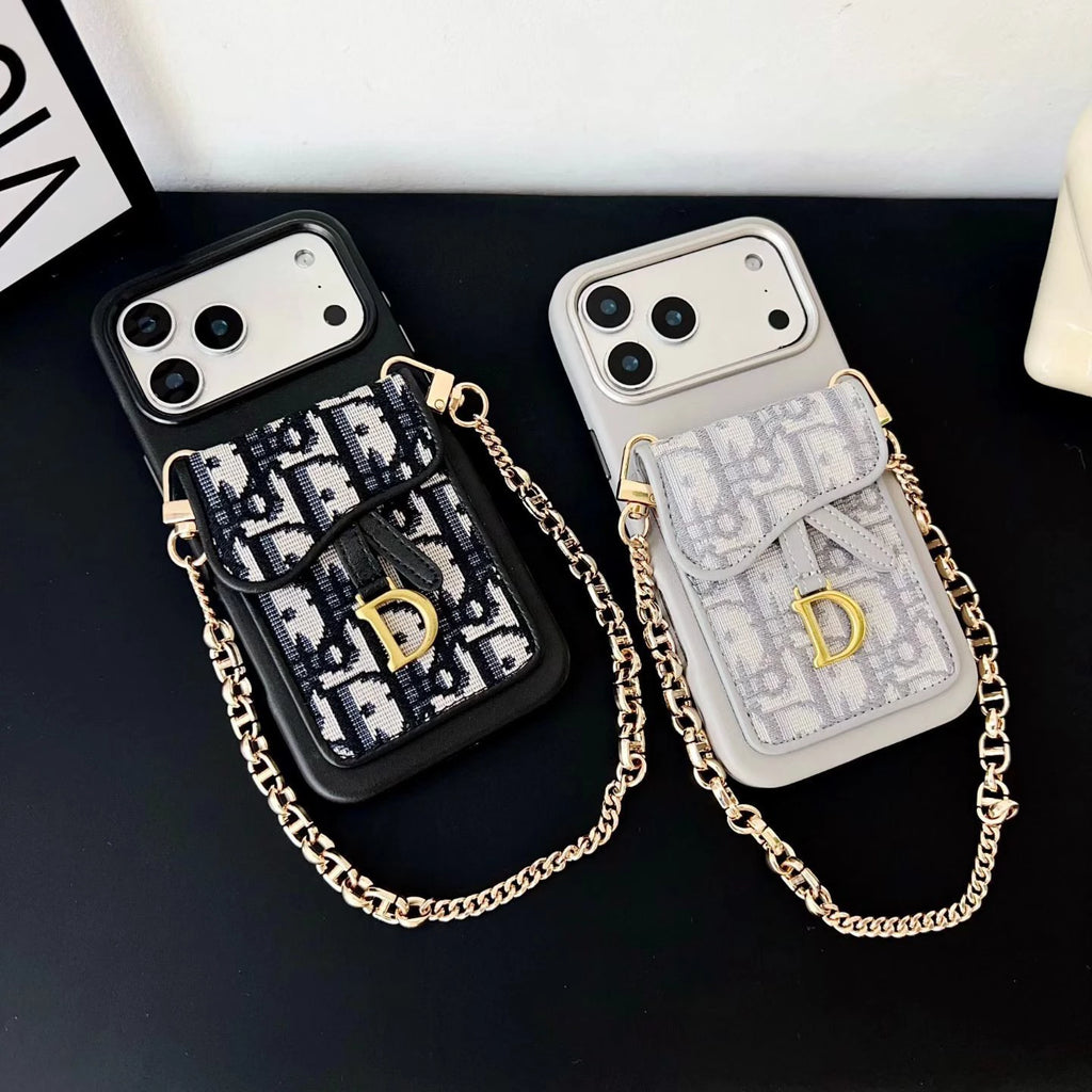 Dior iPhone 17 Pro Max Case with Wallet & 3 Straps - Black Luxury Crossbody Dior Phone Case