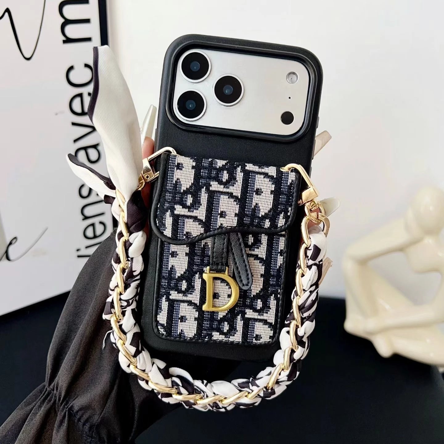 Dior iPhone 17 Pro Max Case with Wallet & 3 Straps - Black Luxury Crossbody Dior Phone Case