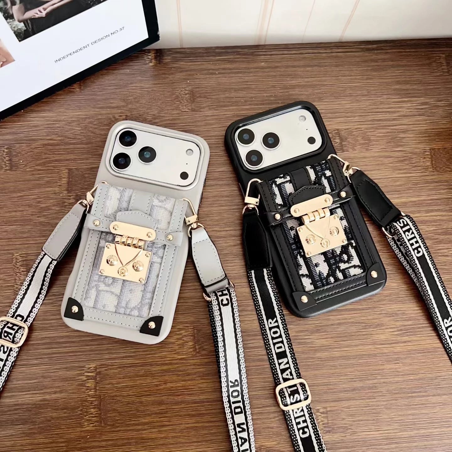 Dior iPhone 17 Pro Max Case with Wallet & 3 Straps - Black Luxury Crossbody Dior Phone Case