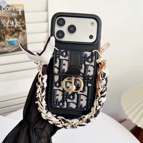 Dior iPhone 17 Pro Max Case with Wallet & 3 Straps – Black Luxury Crossbody Dior Phone Case - MAJESTY