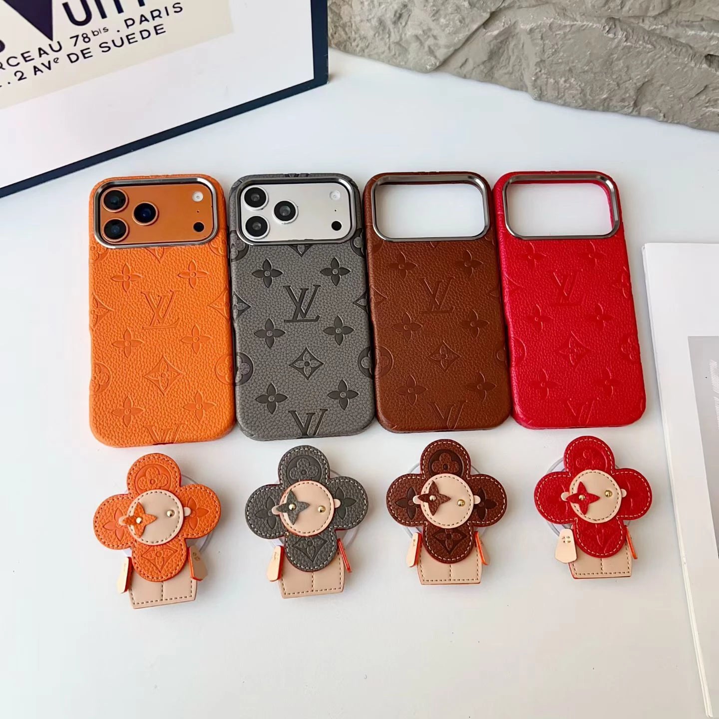 Louis Vuitton iPhone 17 Pro Max Case MagSafe Leather with Flower Grip - Brown