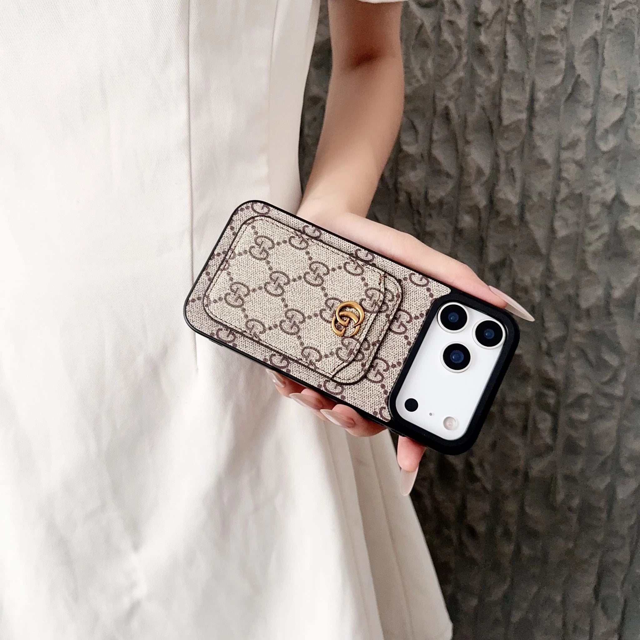 Gucci iPhone 17 Pro / Pro Max Case with Cardholder - Black GG Canvas Luxury Wallet Case