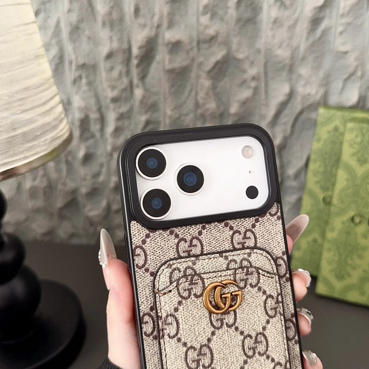 Gucci iPhone 18 Pro Max / Pro Max Case with Cardholder – Black GG Canvas Luxury Wallet Case