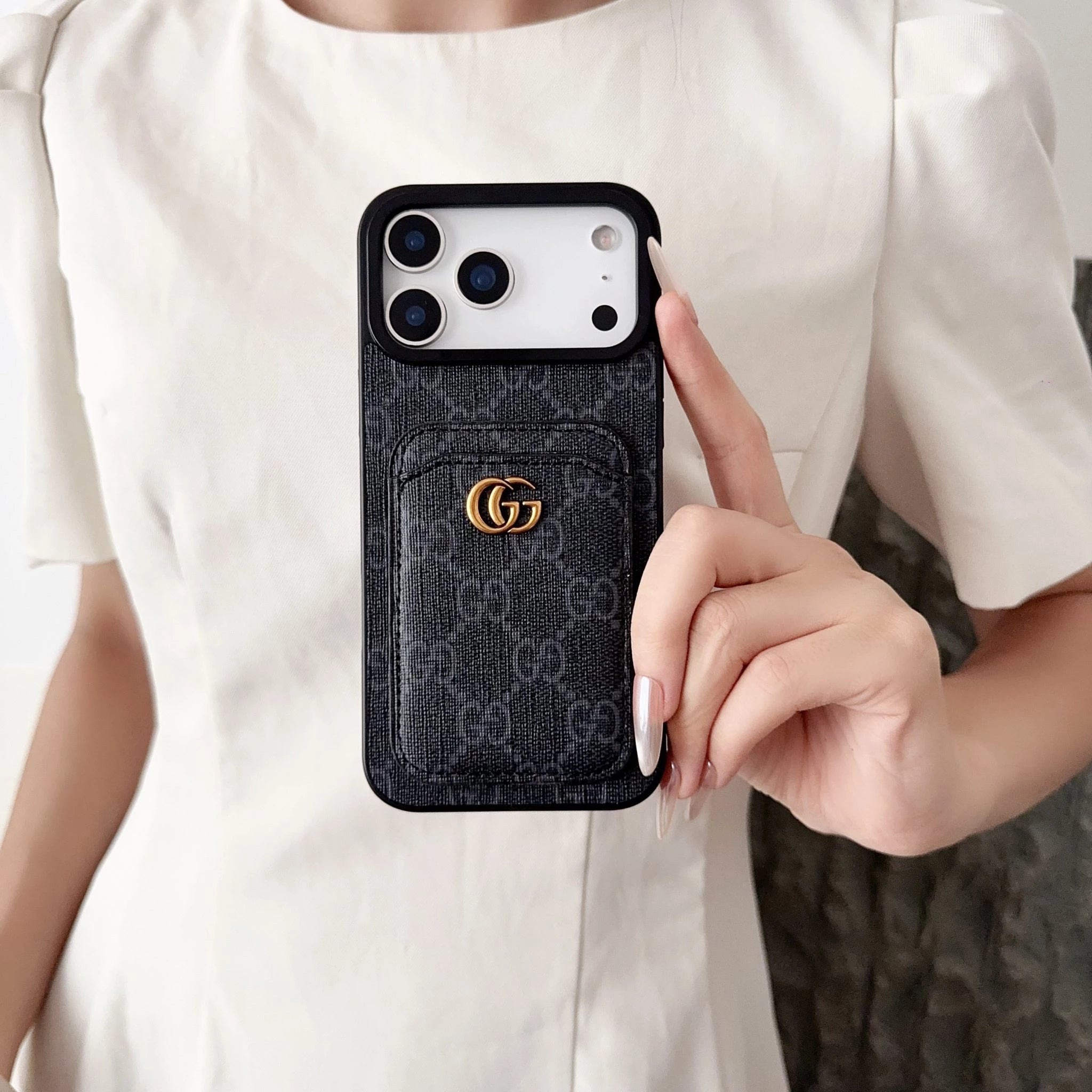 Gucci iPhone 17 Pro / Pro Max Case with Cardholder - Black GG Canvas Luxury Wallet Case