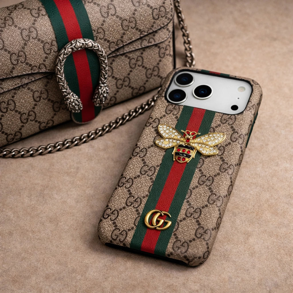 Gucci Ophidia iPhone 17 Pro Max Case with Web Stripe & Bee - Luxury GG Supreme Phone Case