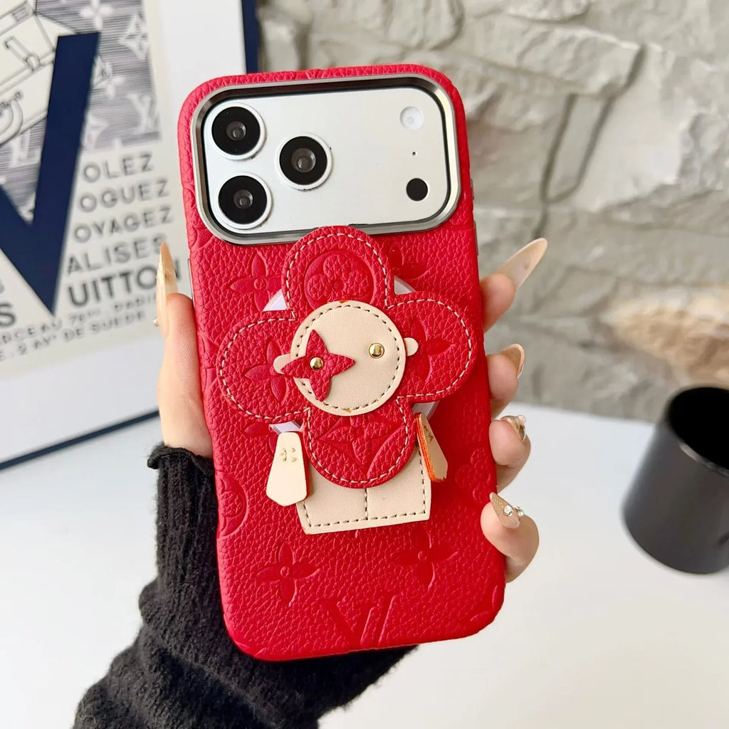 Louis Vuitton iPhone 18 Pro Case MagSafe Leather with Flower Grip – Gray