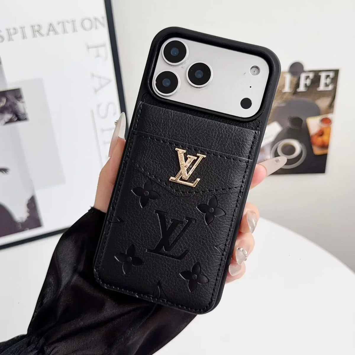 Louis Vuitton iPhone 18 Pro Max Case with Card Holder – Dark gray Classic Monogram Leather