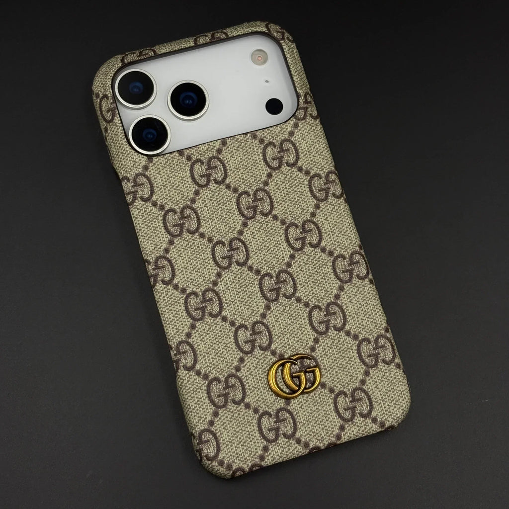 Gucci Ophidia iPhone 17 Pro Max Case beige GG canvas – side profile showing precise cutouts | NUVALOVA
