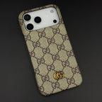 Gucci Ophidia iPhone 17 Pro Max Case beige GG canvas – side profile showing precise cutouts | NUVALOVA