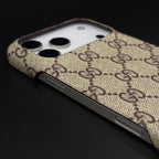 Gucci Ophidia monogram iPhone case for iPhone 16 and 17 Pro Max – beige canvas texture close-up | NUVALOVA