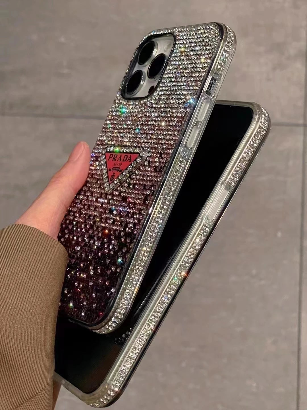 Crystal Prada iPhone 17 Pro Max Case - Luxury Rhinestone Prada Phone Case Blue
