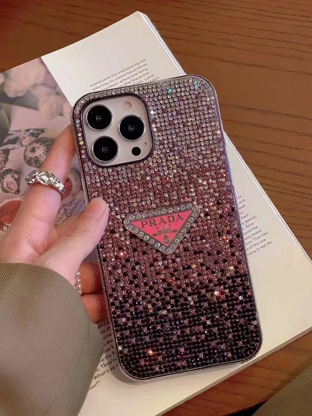 Crystal Prada iPhone 17 Pro Max Case - Luxury Rhinestone Prada Phone Case Blue