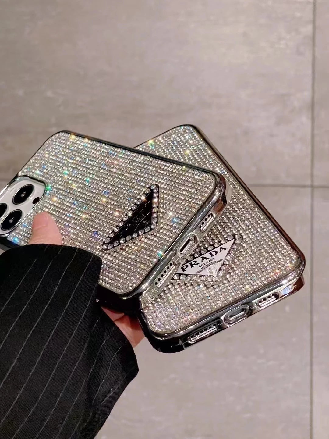 Crystal Prada iPhone 17 Pro Max Case - Luxury Rhinestone Prada Phone Case Blue