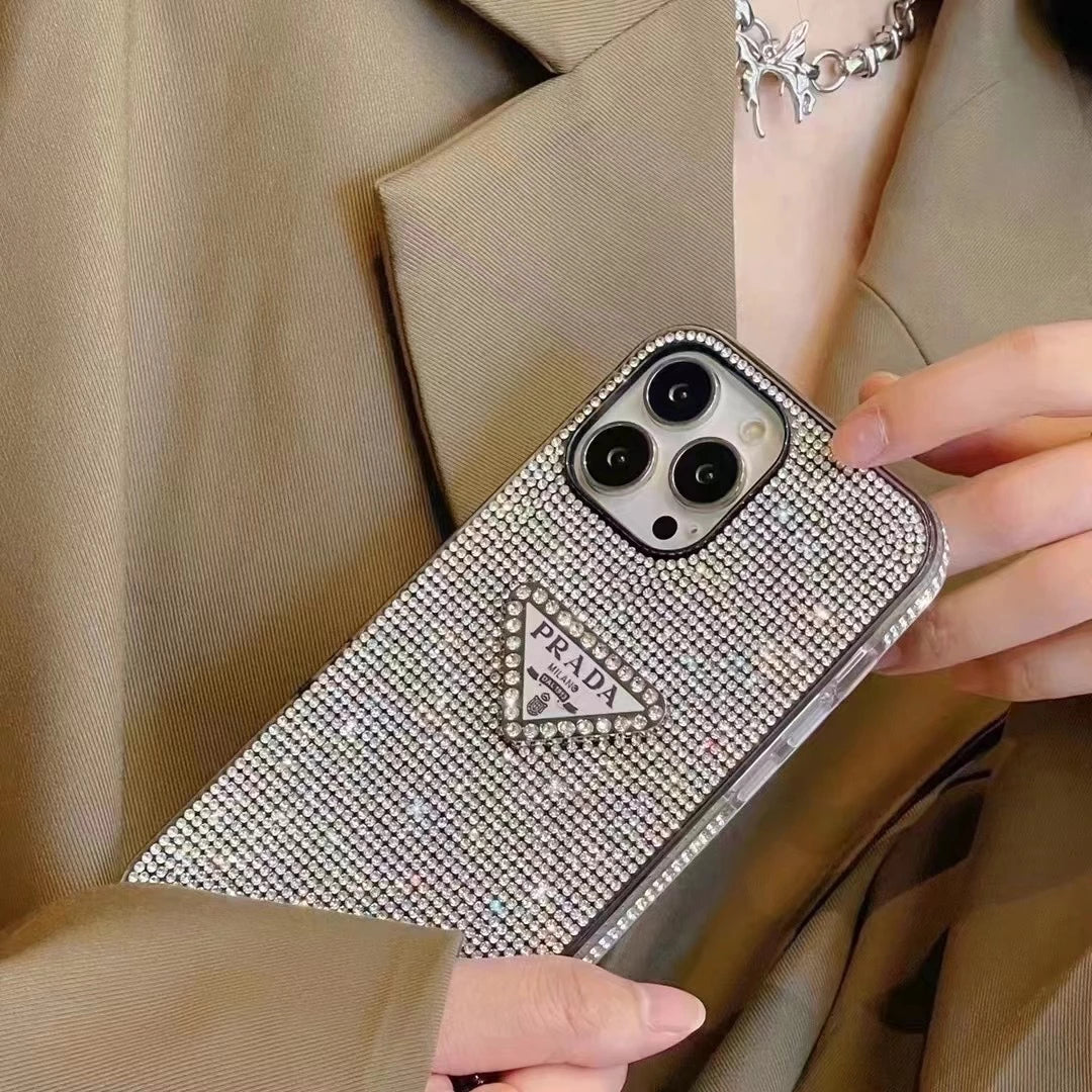 Crystal Prada iPhone 17 Pro Max Case - Luxury Rhinestone Prada Phone Case Blue