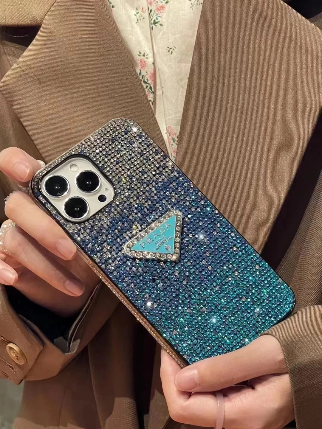 Crystal Prada iPhone 17 Pro Max Case - Luxury Rhinestone Prada Phone Case Blue