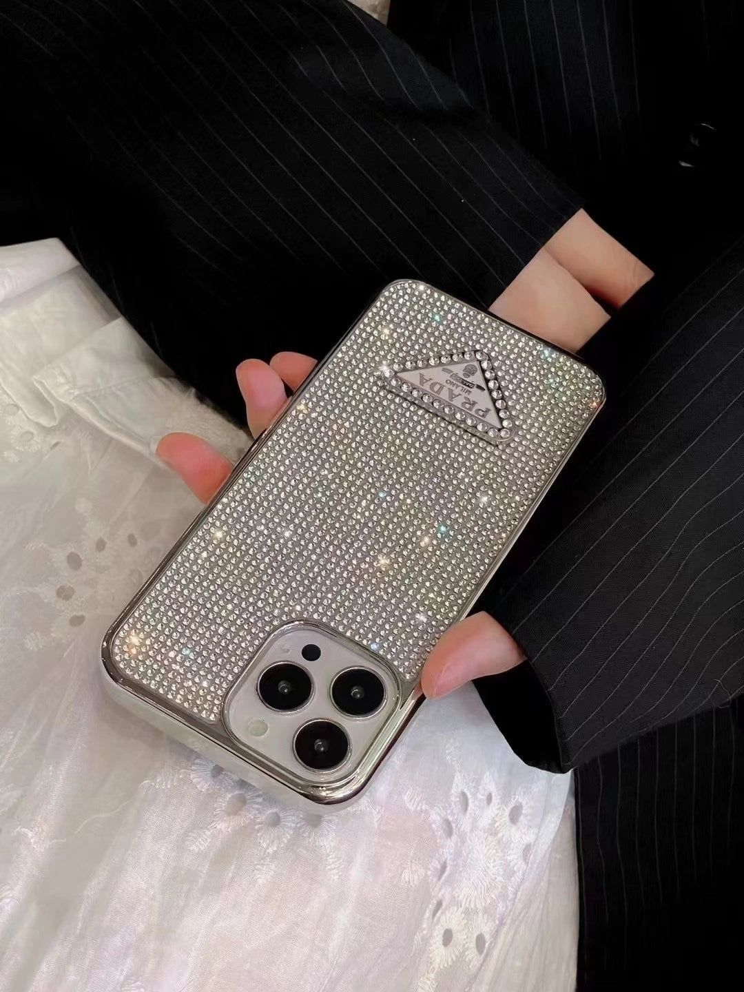 Crystal Prada iPhone 17 Pro Max Case - Luxury Rhinestone Prada Phone Case Blue