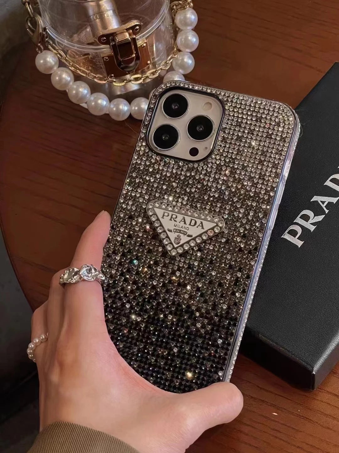 Crystal Prada iPhone 17 Pro Max Case - Luxury Rhinestone Prada Phone Case Blue