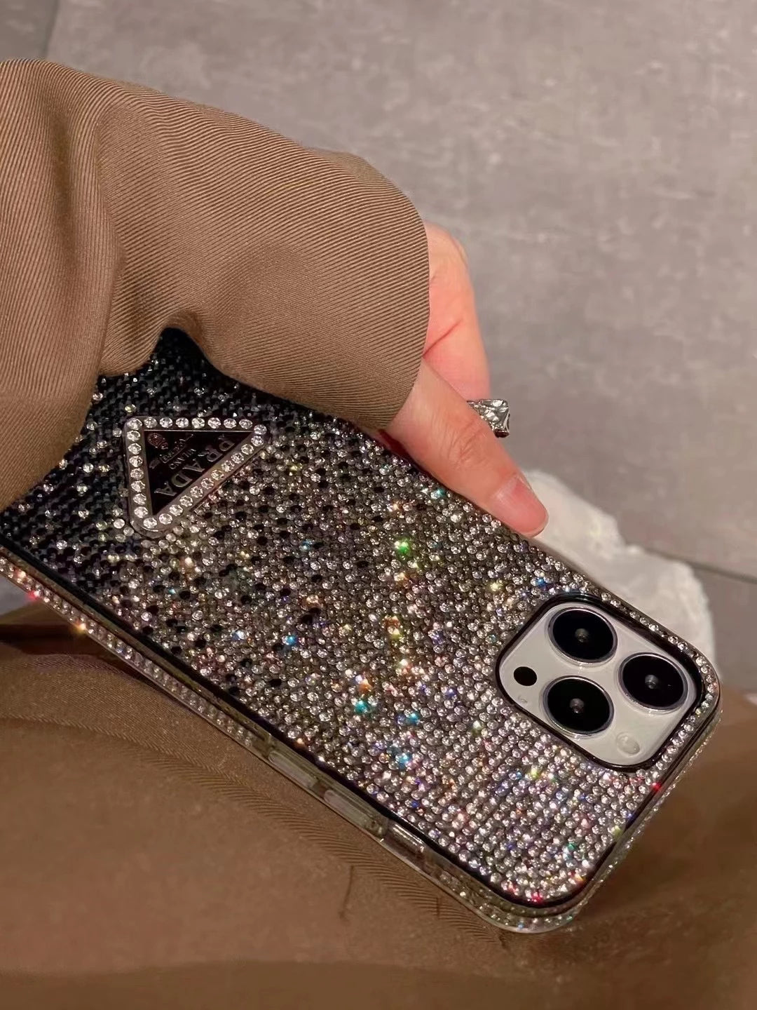Crystal Prada iPhone 17 Pro Max Case - Luxury Rhinestone Prada Phone Case Blue