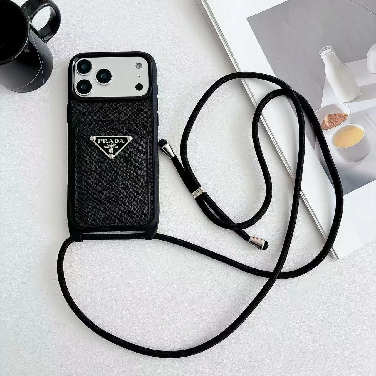 Prada iPhone 17 Pro Max Case with Strap & Card Holder - Luxury Designer Crossbody Phone Case