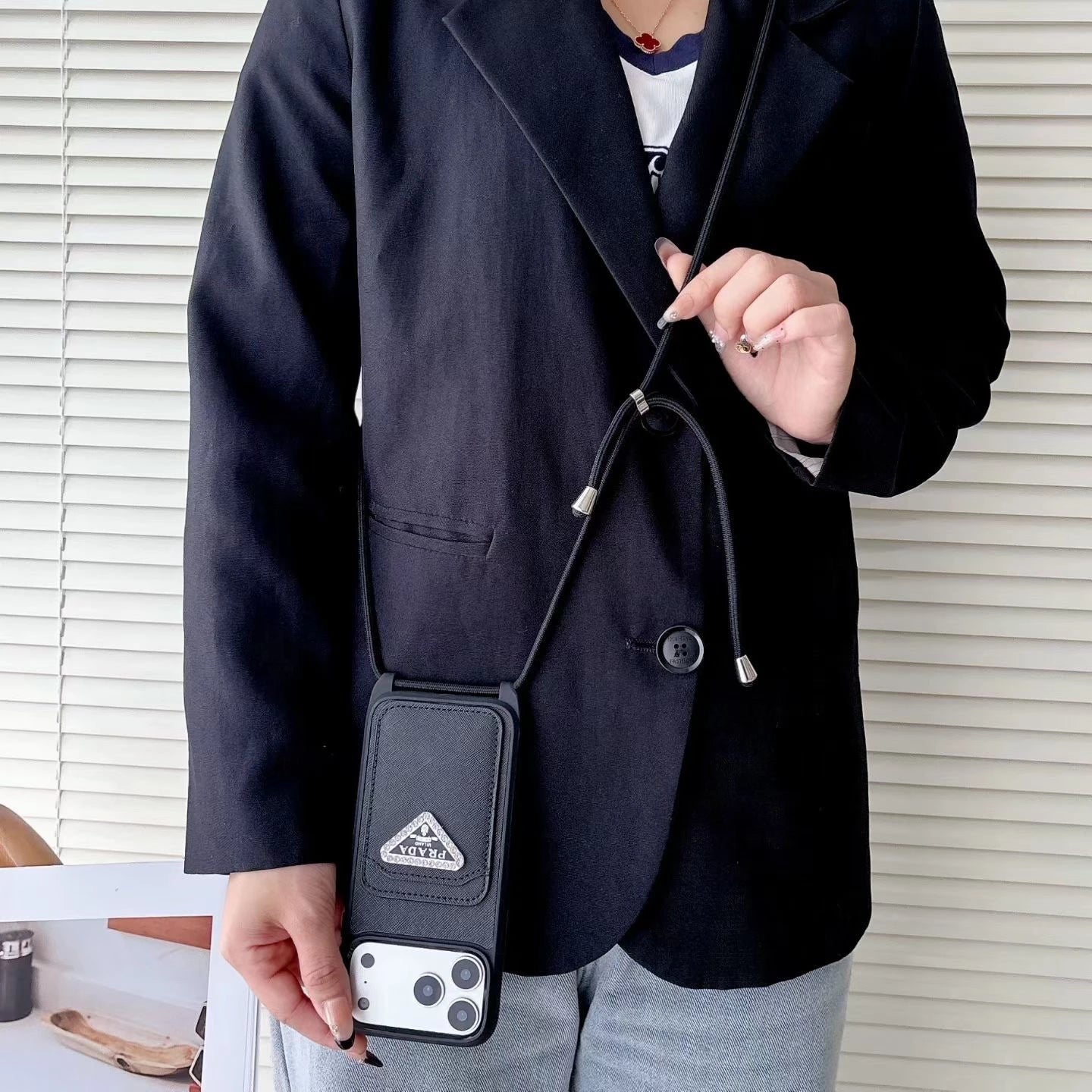 Prada iPhone 17 Pro Max Case with Strap & Card Holder - Luxury Designer Crossbody Phone Case