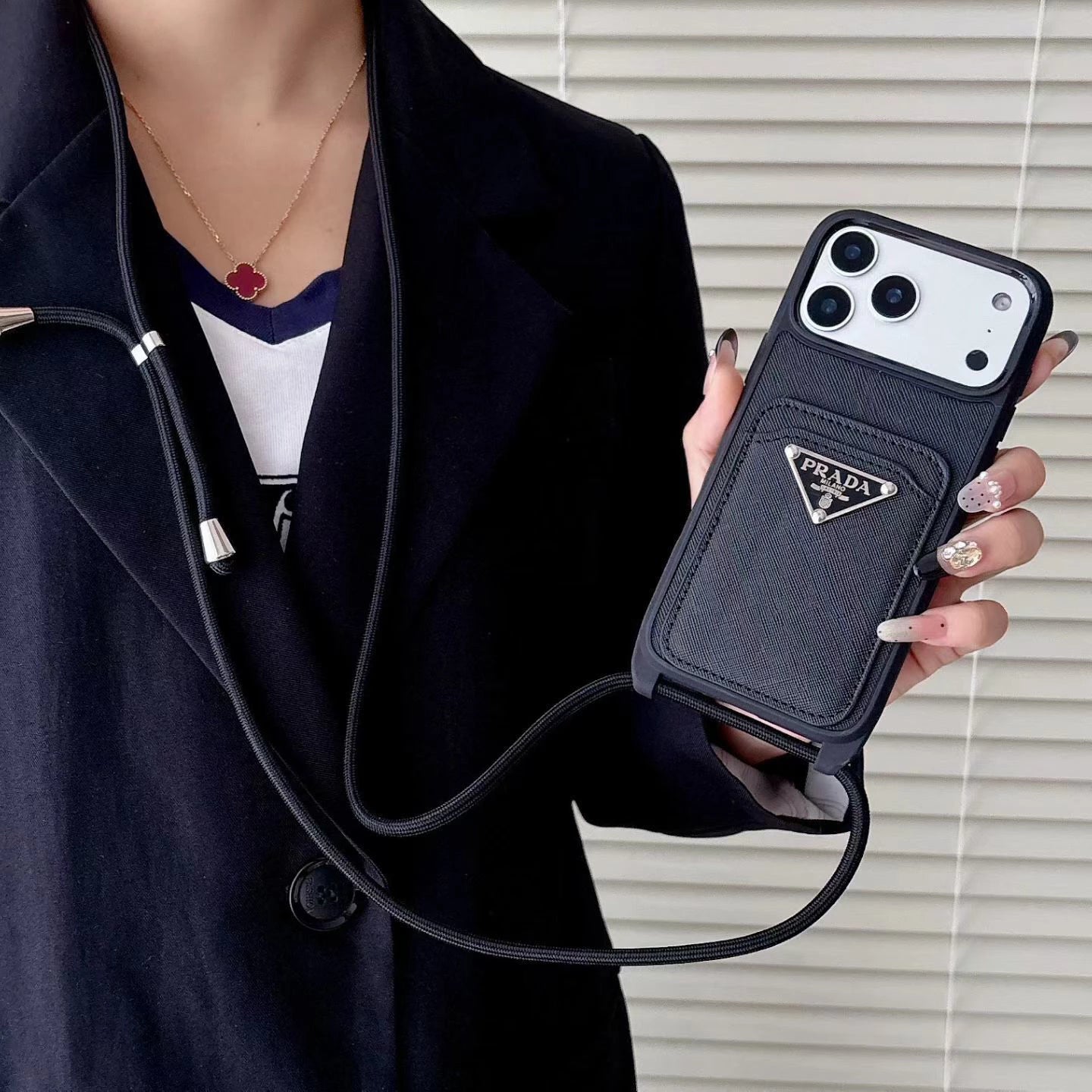 Prada iPhone 17 Pro Max Case with Strap & Card Holder - Luxury Designer Crossbody Phone Case