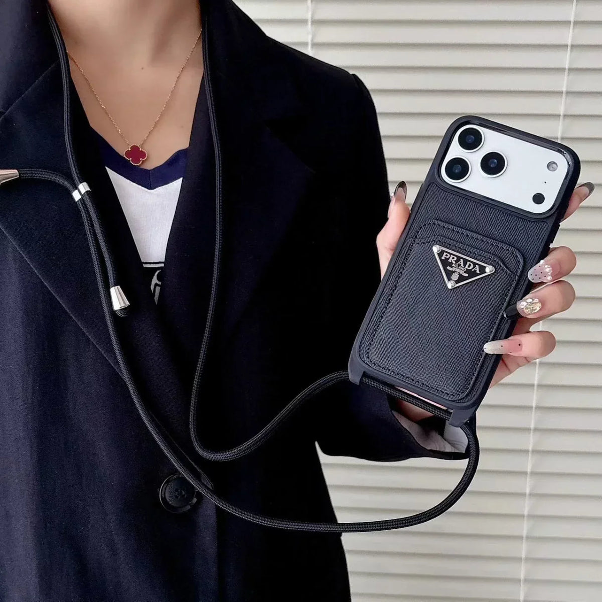 Prada iPhone 18 Pro Max Case with Strap & Card Holder – Luxury Designer Crossbody Phone Case