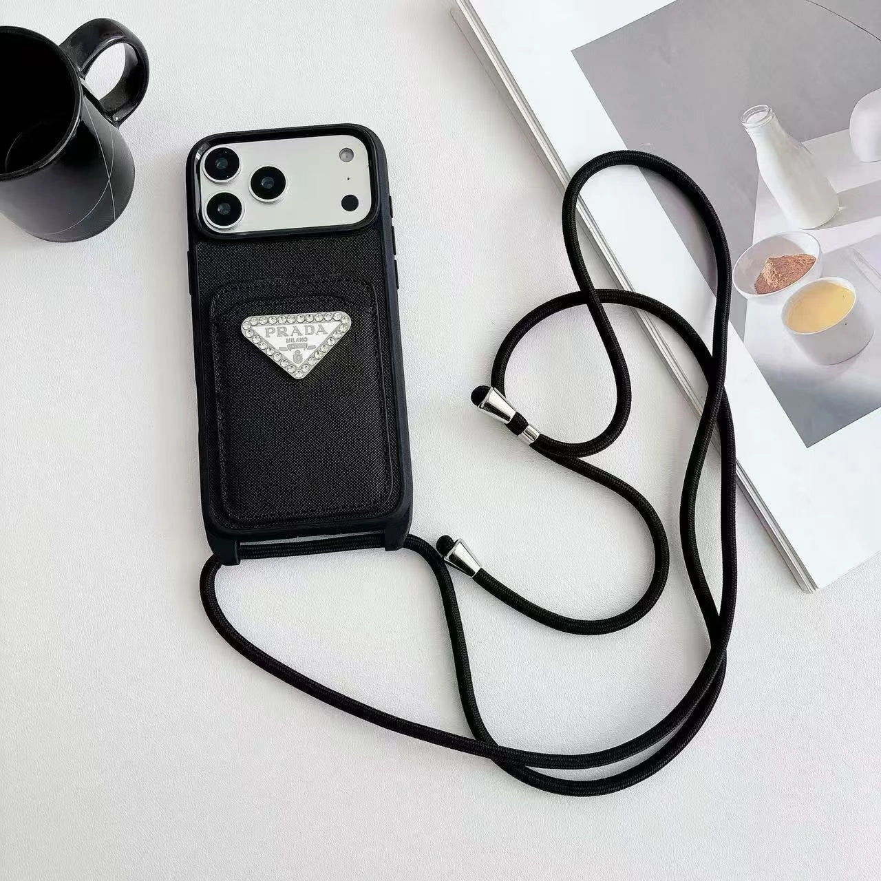 Prada iPhone 17 Pro Max Case with Strap & Card Holder - Luxury Designer Crossbody Phone Case