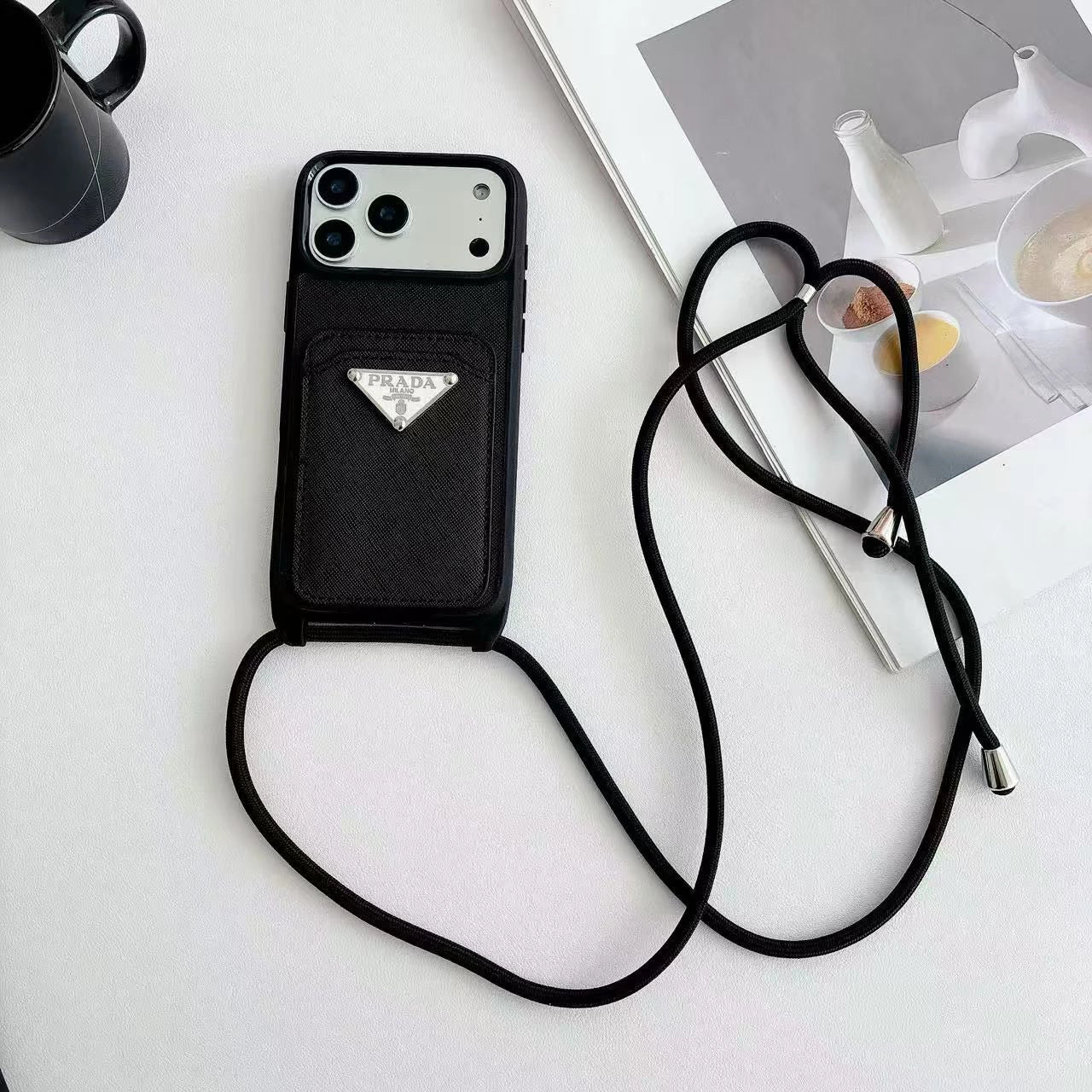 Prada iPhone 17 Pro Max Case with Strap & Card Holder - Luxury Designer Crossbody Phone Case