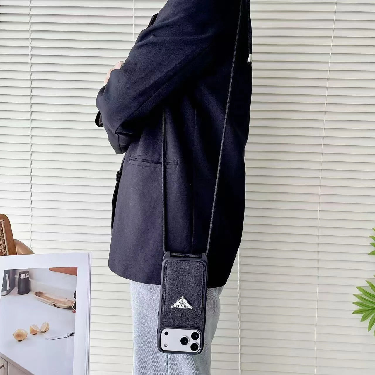 Prada iPhone 17 Pro Max Case with Strap & Card Holder - Luxury Designer Crossbody Phone Case