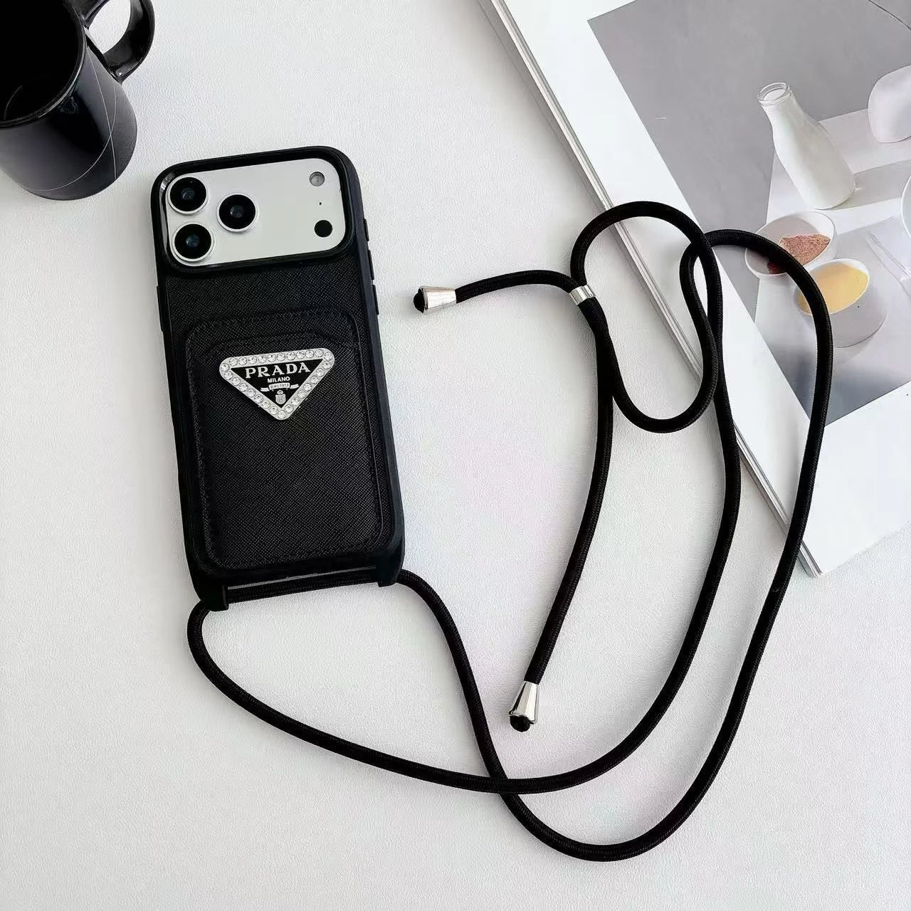 Prada iPhone 17 Pro Max Case with Strap & Card Holder - Luxury Designer Crossbody Phone Case