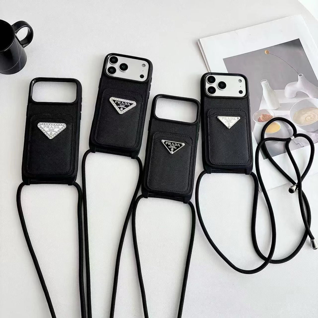 Prada iPhone 18 Pro Max Case with Strap & Card Holder – Luxury Designer Crossbody Phone Case